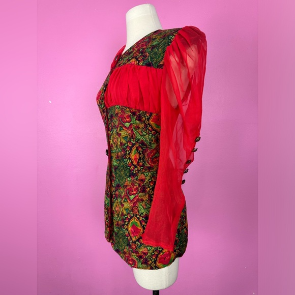 Vintage 1980s 80s Button Up Blouse with Ruched Red Chiffon Sheer Long Sleeves - Picture 3 of 11